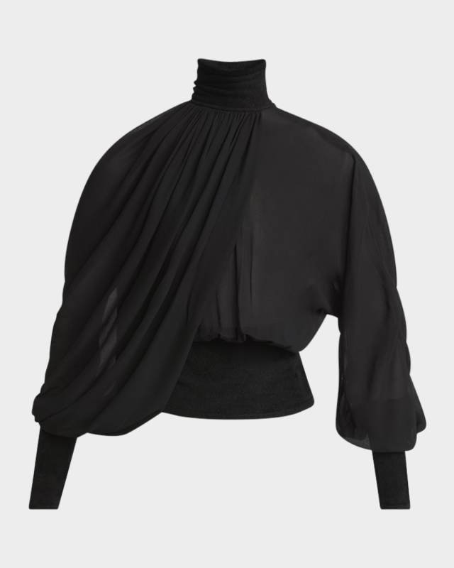 Turtleneck Long-Sleeve Cape Blouse